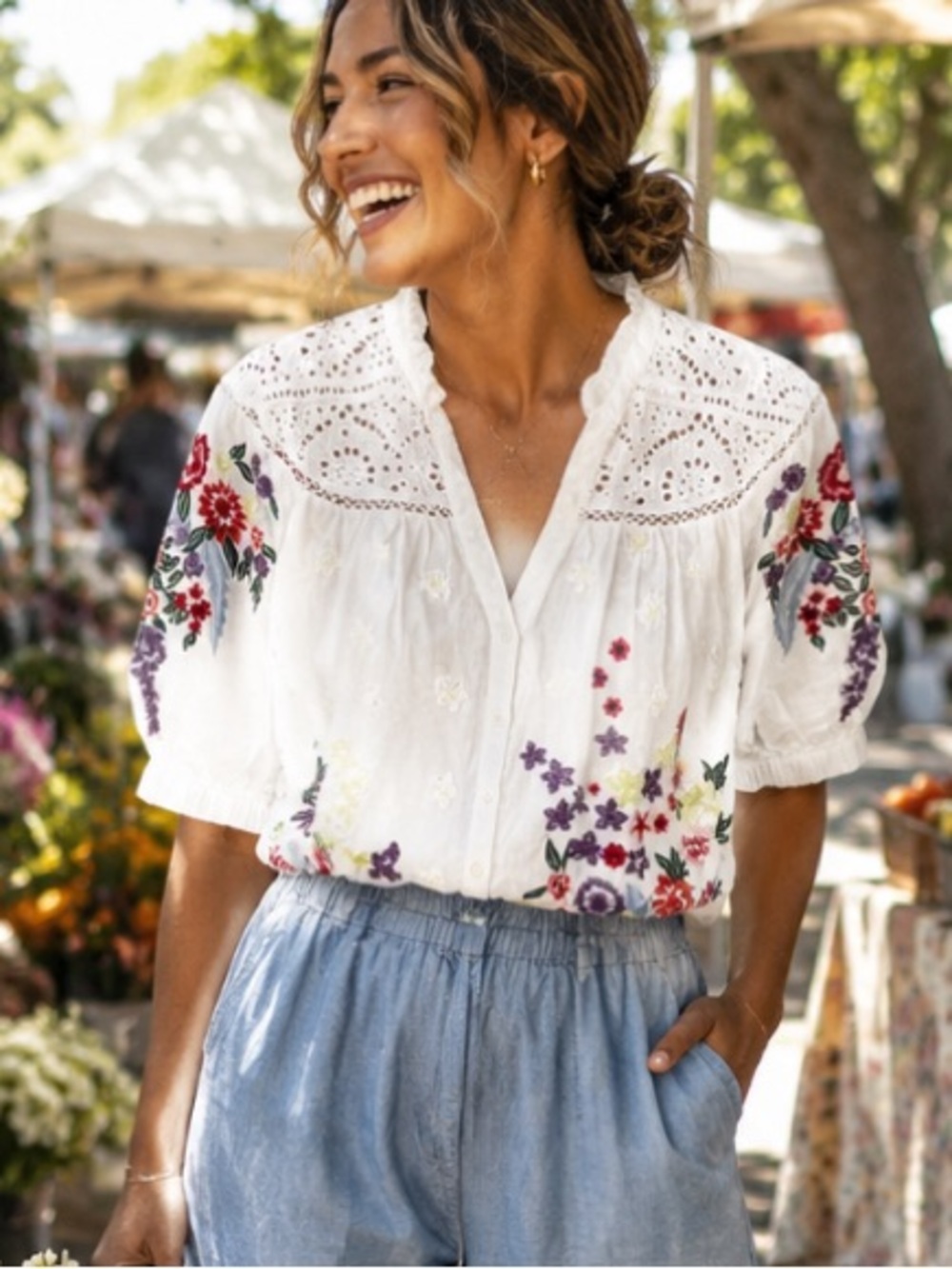 Sundance White Button Down Linen Eyelet Ruffle Embroidered Floral Blouse Lg P